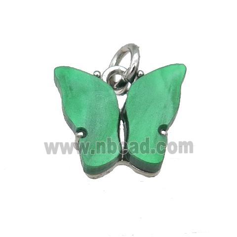 green Resin Butterfly Pendant, platinum plated