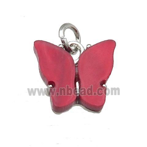 red Resin Butterfly Pendant, platinum plated