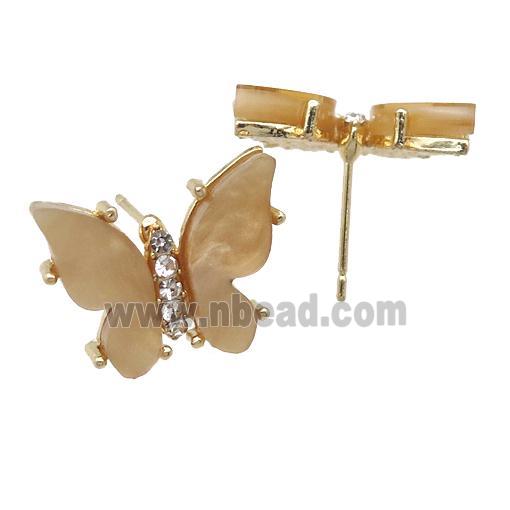 brown Resin Butterfly Stud Earrings, gold plated