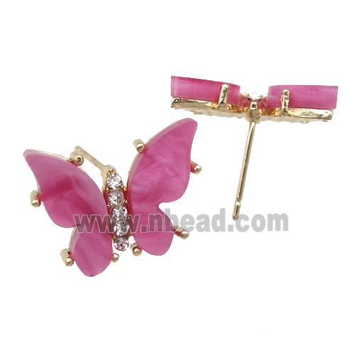 hotpink Resin Butterfly Stud Earrings, gold plated