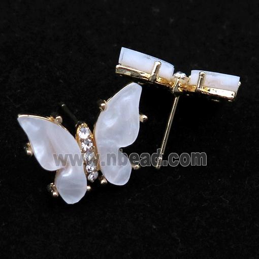 white pearlized Resin Butterfly Stud Earrings, gold plated