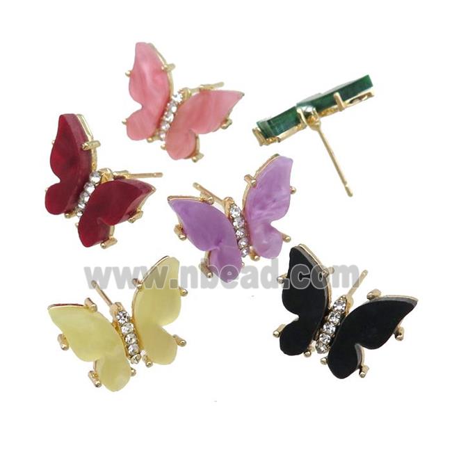 Resin Butterfly Stud Earrings pave zircon, gold plated, mixed color
