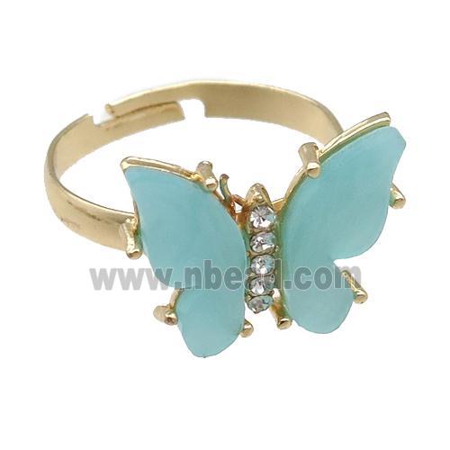 teal Resin Butterfly Rings, adjustable, gold plated