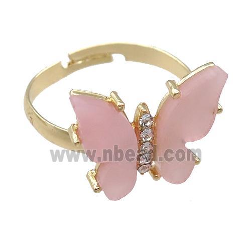 pink Resin Butterfly Rings, adjustable, gold plated