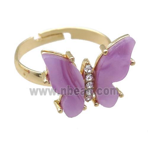 lavender Resin Butterfly Rings, adjustable, gold plated