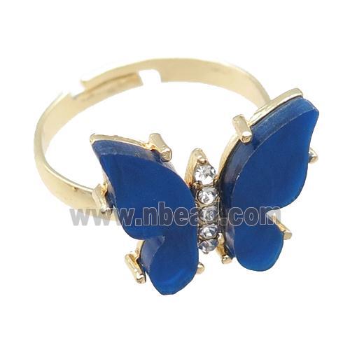 blue Resin Butterfly Rings, adjustable, gold plated