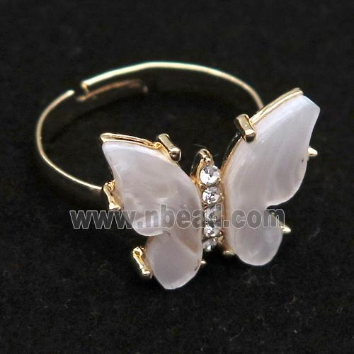 white pearlized Resin Butterfly Rings, adjustable, gold plated