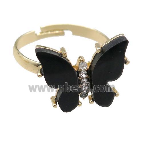 black Resin Butterfly Rings, adjustable, gold plated