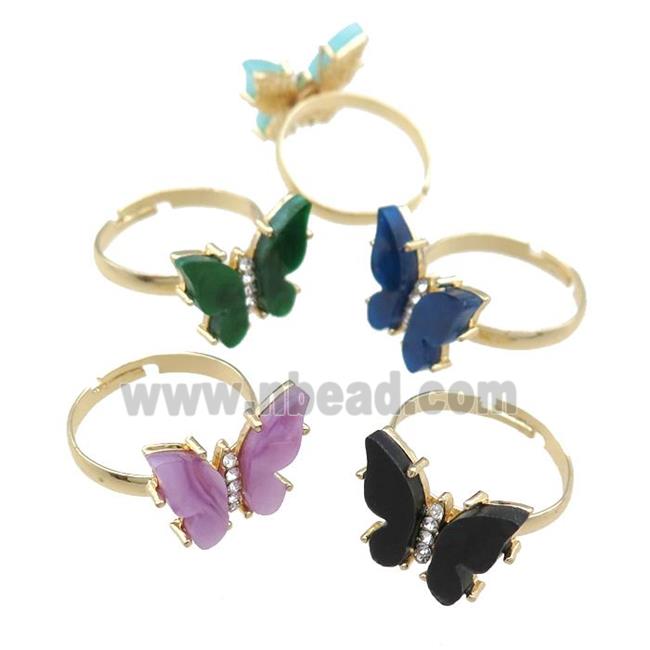 Resin Butterfly Rings, adjustable, gold plated, mixed color