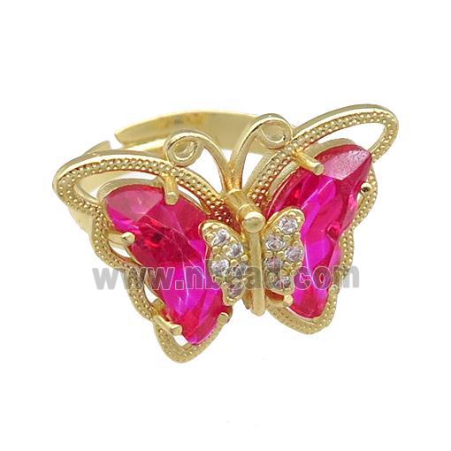hotpink Crystal Glass Butterfly Rings, adjustable, gold plated