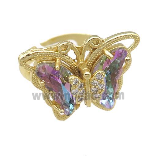 multicolor Crystal Glass Butterfly Rings, adjustable, gold plated