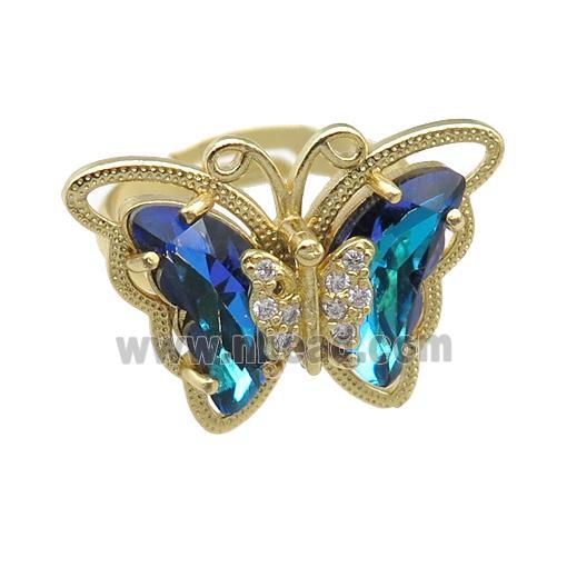 Crystal Glass Butterfly Rings, adjustable, gold plated