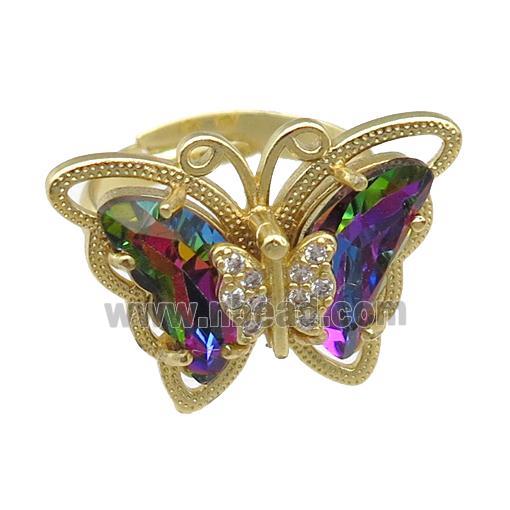 rainbow Crystal Glass Butterfly Rings, adjustable, gold plated