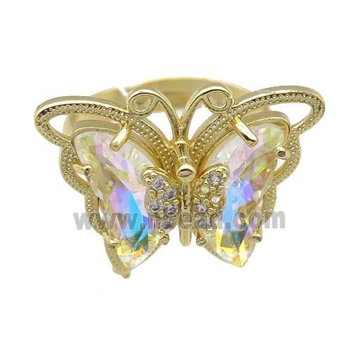 clear AB-color Crystal Glass Butterfly Rings, adjustable, gold plated