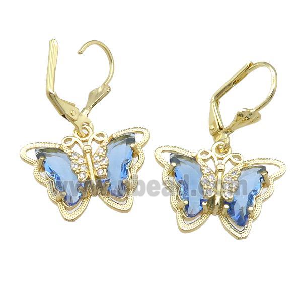 blue Crystal Glass Butterfly Latchback Earring, gold plated