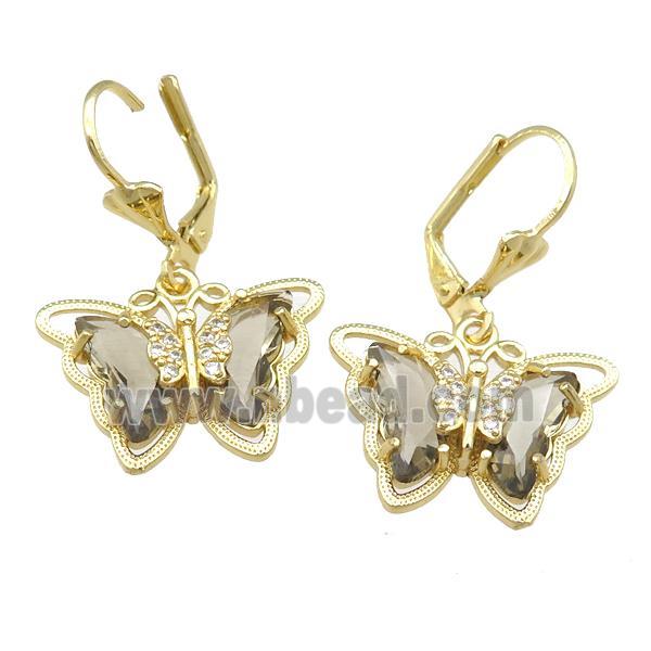 smoky Crystal Glass Butterfly Latchback Earring, gold plated