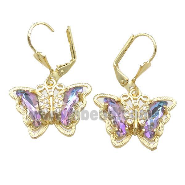 purple Crystal Glass Butterfly Latchback Earring, gold plated