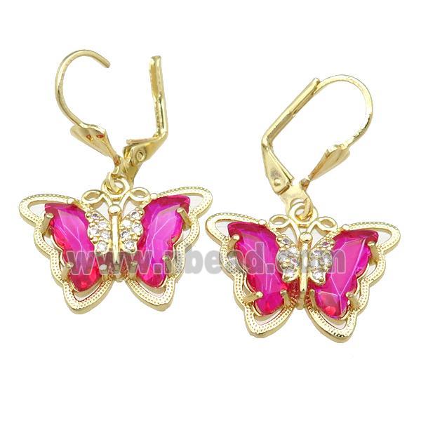 hotpink Crystal Glass Butterfly Latchback Earring, gold plated