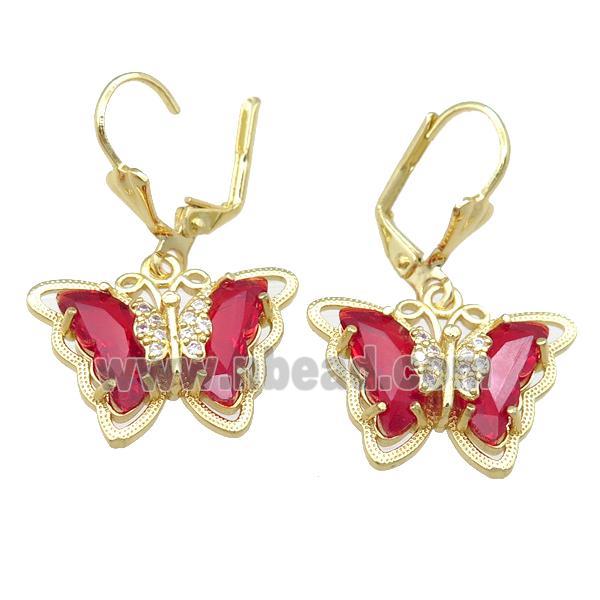 red Crystal Glass Butterfly Latchback Earring, gold plated