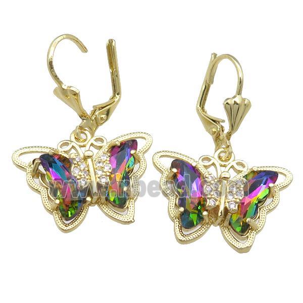 rainbow Crystal Glass Butterfly Latchback Earring, gold plated