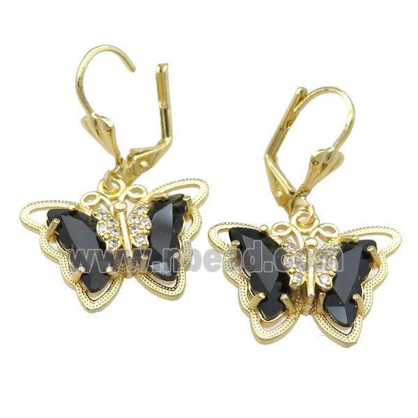 black Crystal Glass Butterfly Latchback Earring, gold plated