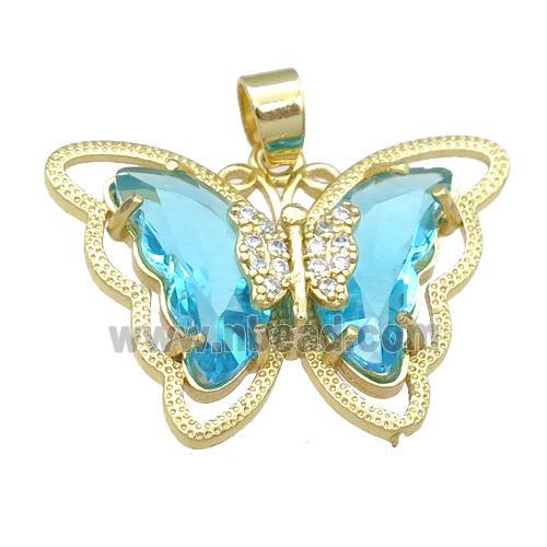aqua Crystal Glass Butterfly Pendant, gold plated