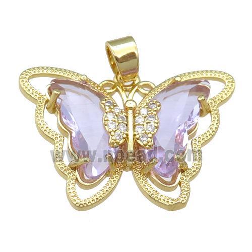 lavender Crystal Glass Butterfly Pendant, gold plated