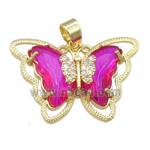 hotpink Crystal Glass Butterfly Pendant, gold plated