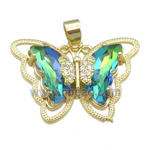 green Crystal Glass Butterfly Pendant, gold plated