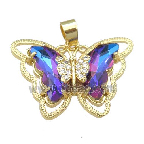 bluepurple Crystal Glass Butterfly Pendant, gold plated