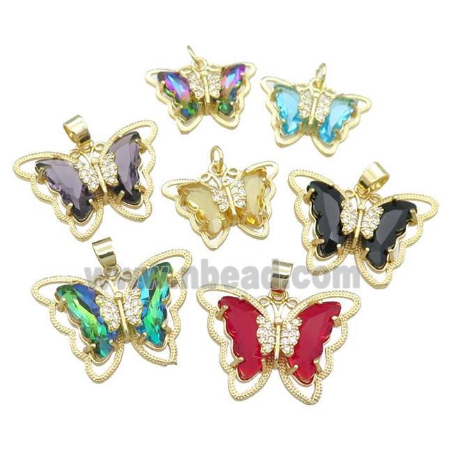 Crystal Glass Butterfly Pendant pave zircon, gold plated, mixed