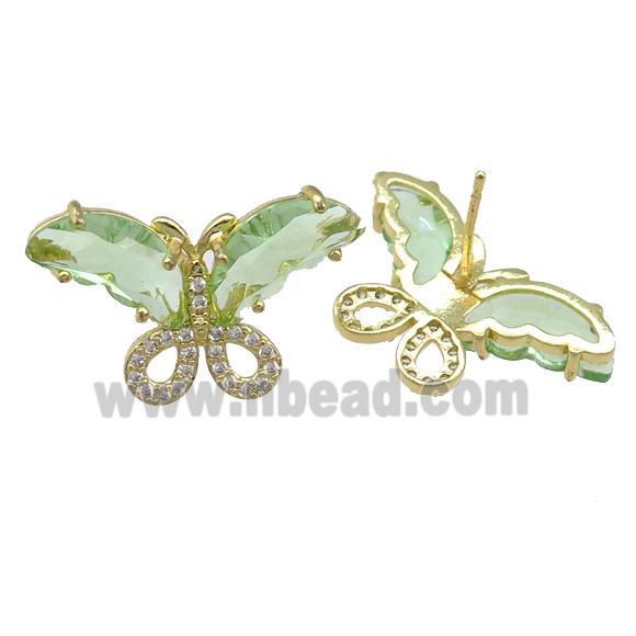 lt.green Crystal Glass Butterfly Stud Earring, gold plated