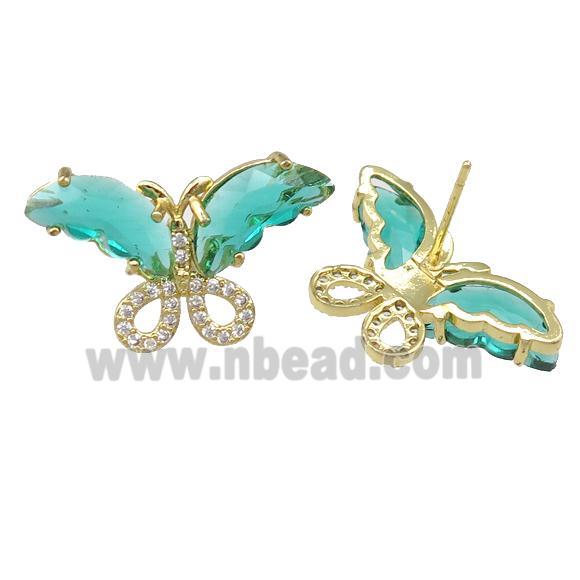 green Crystal Glass Butterfly Stud Earring, gold plated