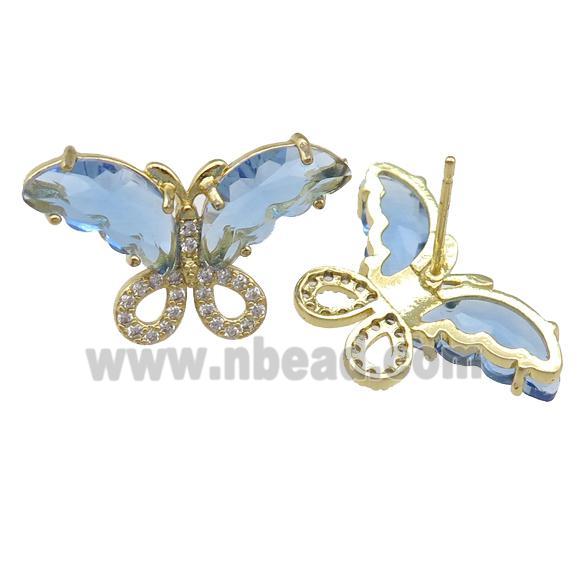 lt.blue Crystal Glass Butterfly Stud Earring, gold plated