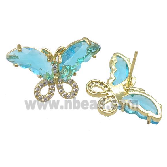 aqua Crystal Glass Butterfly Stud Earring, gold plated