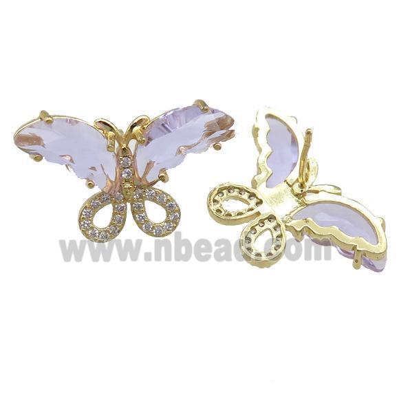lavender Crystal Glass Butterfly Stud Earring, gold plated