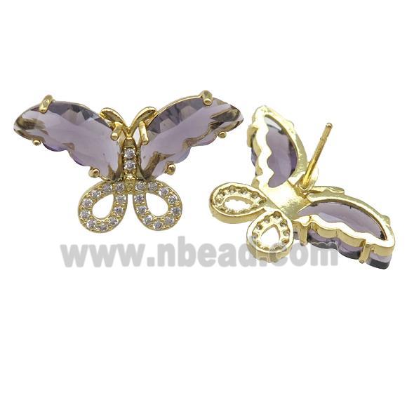 purple Crystal Glass Butterfly Stud Earring, gold plated