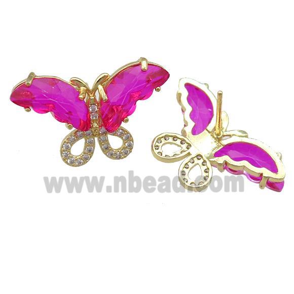 hotpink Crystal Glass Butterfly Stud Earring, gold plated