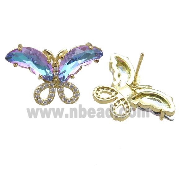 bluepurple Crystal Glass Butterfly Stud Earring, gold plated