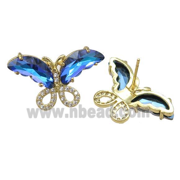 blue Crystal Glass Butterfly Stud Earring, gold plated