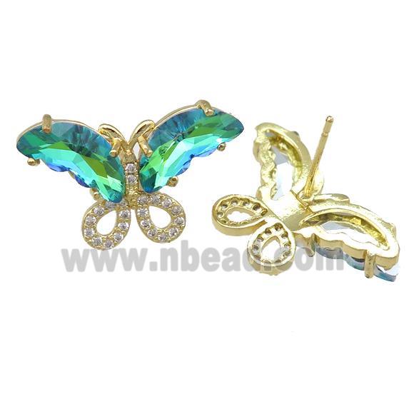 green Crystal Glass Butterfly Stud Earring, gold plated