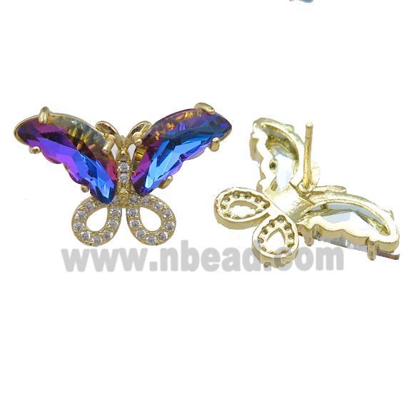 bluepurple Crystal Glass Butterfly Stud Earring, gold plated