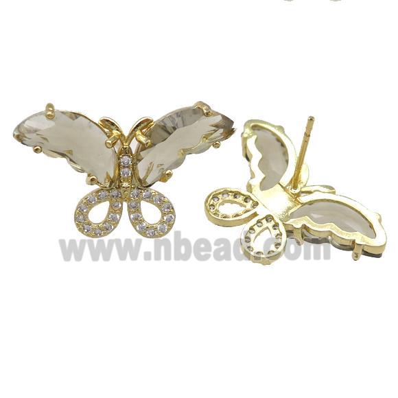 smoky Crystal Glass Butterfly Stud Earring, gold plated