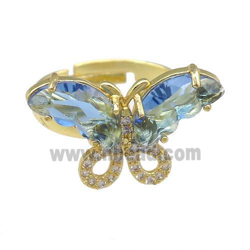lt.blue Crystal Glass Butterfly Rings, adjustable, gold plated
