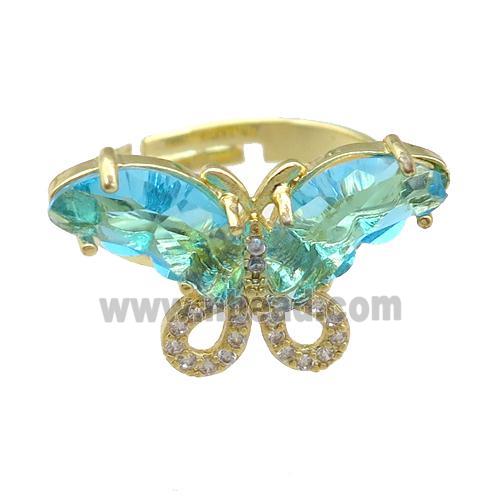 aqua Crystal Glass Butterfly Rings, adjustable, gold plated