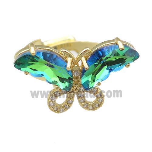 peacockgreen Crystal Glass Butterfly Rings, adjustable, gold plated