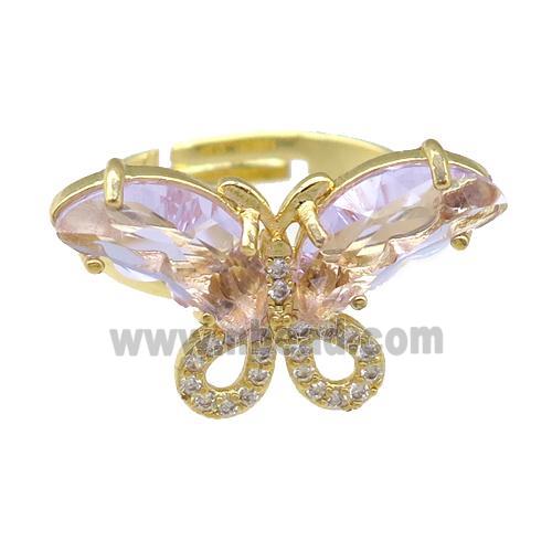 lt.pink Crystal Glass Butterfly Rings, adjustable, gold plated