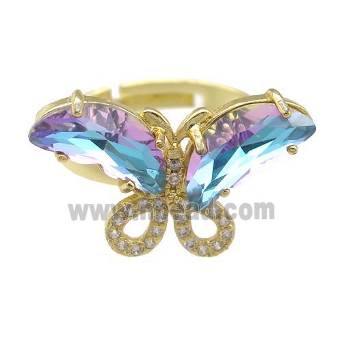 lt.bluepurple Crystal Glass Butterfly Rings, adjustable, gold plated