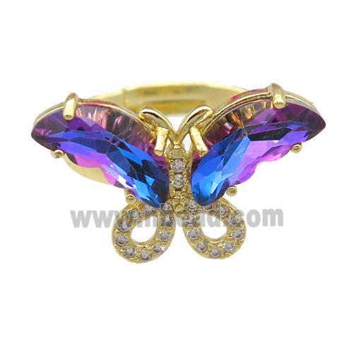 bluepurple Crystal Glass Butterfly Rings, adjustable, gold plated