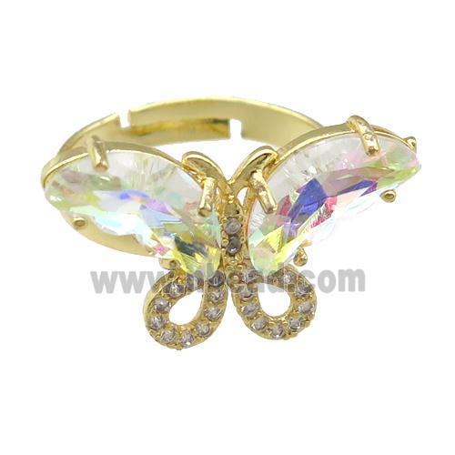 clear AB-color Crystal Glass Butterfly Rings, adjustable, gold plated